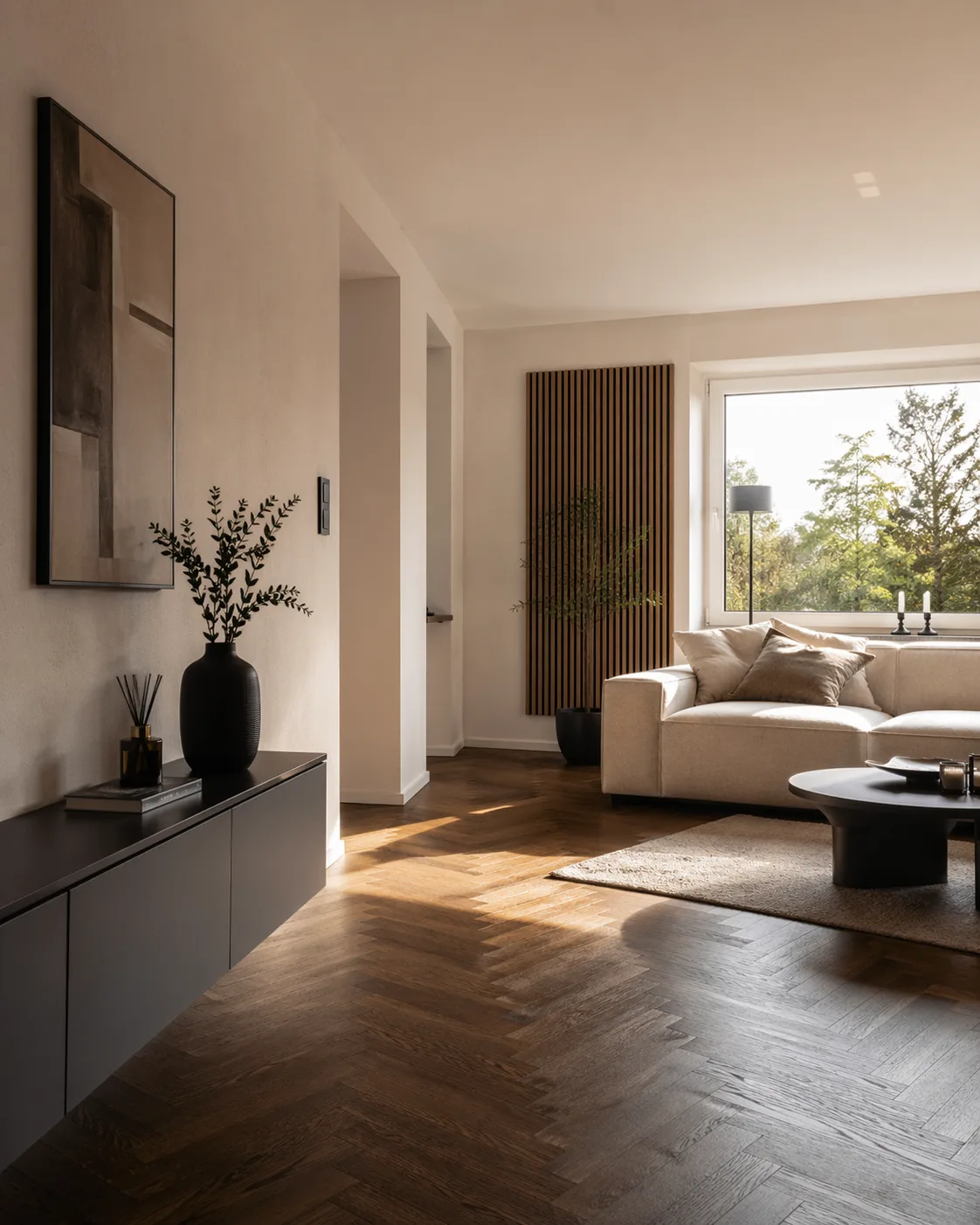 Fertig saniertes Wohnzimmer mit Fischgrätparkett und modernem Innenausbau — Referenzprojekt MK Bausanierung